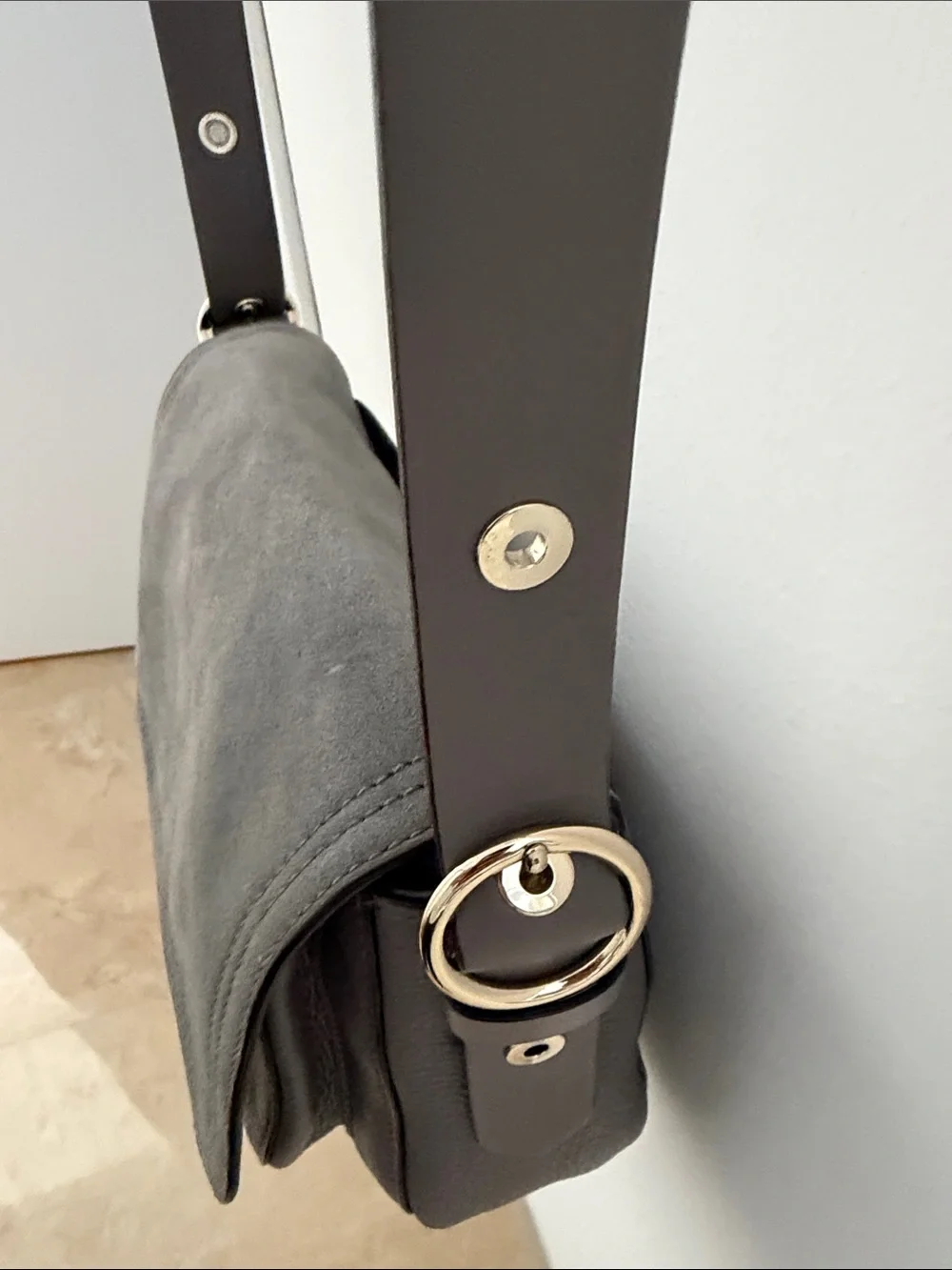 kate spade Gray Suede Crossbody Bag with Black Strap